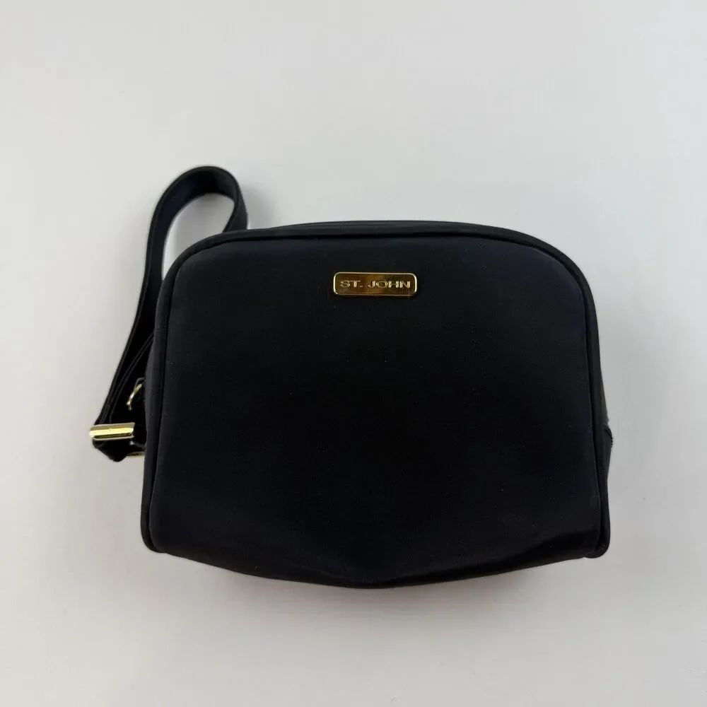 St John Small Mini Black Nylon Zip Around Cosmetics Handbag Wristlet Travel 7x5
